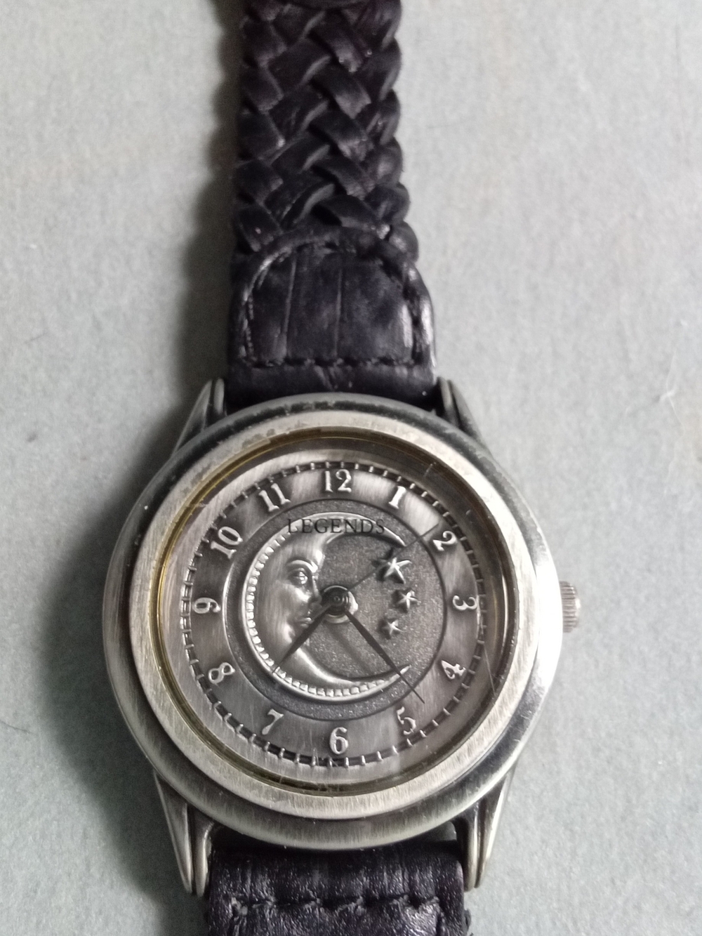 Legends Celestial Moon Face‎ Watch Silver Tone Braided Leather Strap 84-315